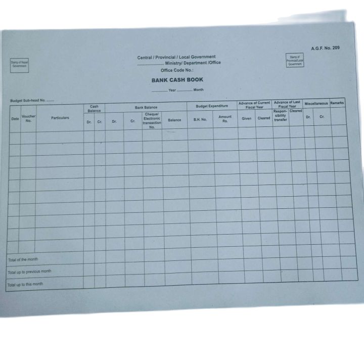 Bank Cash Book A.G.F. No.209