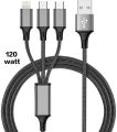 With Warranty 3 in 1 Cable 20/30 /65 / 120 Watt  Max Support Usb Type A To Type Micro / B / C / Lightning  Cable. 
