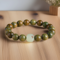 Natural green sandalwood bracelet single circle round beads women's beads with Hetian jade cinnabar transfer beads Chinese style hand jewelry. 