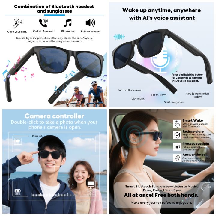 Smart Bluetooth Audio Sunglasses – New Black | Voice Assistant, Open-Ear Speakers, UV Protection, Hands-Free Control Glasses - Ojustore