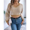 Women'S Cropped Sweater V-Neck Long Sleeve Crop Sweater Pullover Jumper Knit Top Khaki XL. 