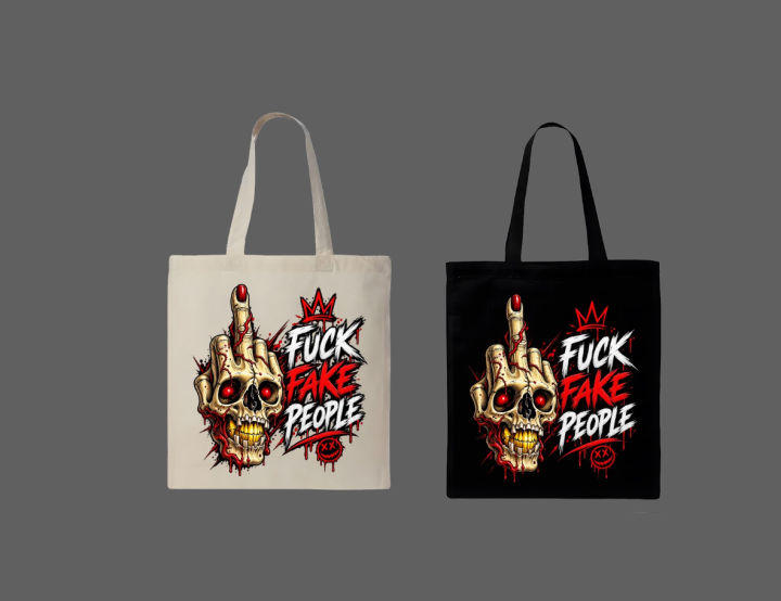 Skull Middle Finger "F**k Fake People Printed  Tote Bag– Black & White