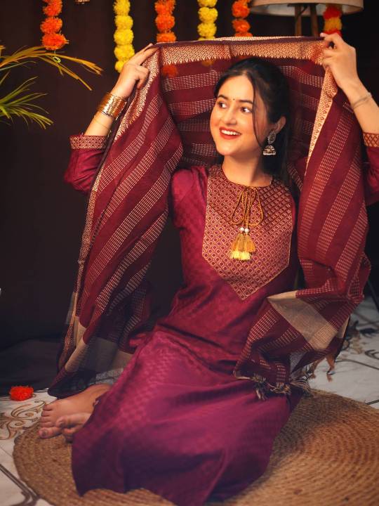 Women Cotton Blend Kurti Pant Dupatta Set Traditional Ethnic wear for Occasion Casual Festive Party Wedding