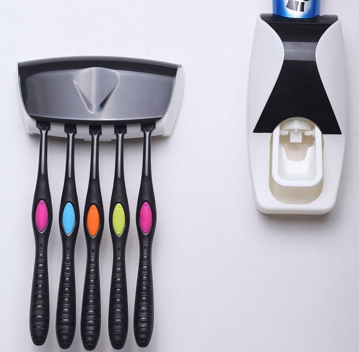 Creative Automatic Toothpaste Dispenser 5 Toothbrush Holder Set Wall ...