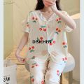 DISICHEN Three-Piece Set Women Sleepwear Silk Short-Sleeved Trousers Pajamas Ladies Cartoon Bear Cherry Lapel Cardigan Nightwear 2025 New. 