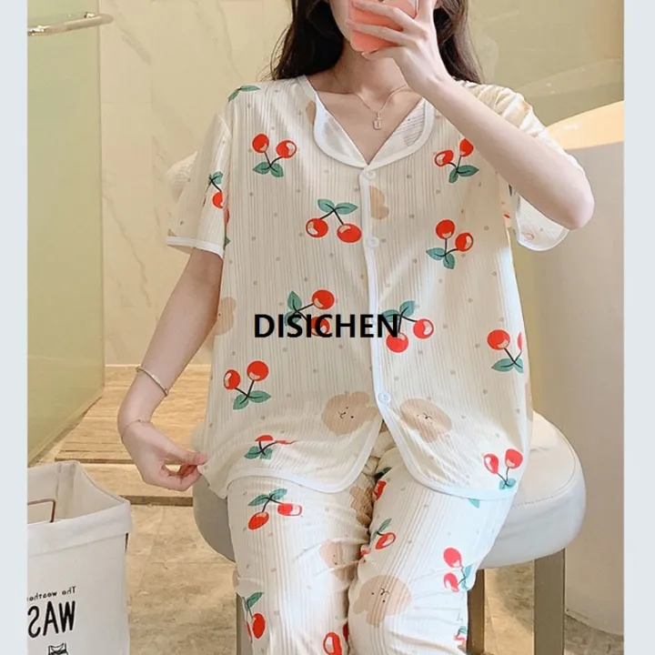 DISICHEN%20Three-Piece%20Set%20Women%20Sleepwear%20Silk%20Short-Sleeved%20Trousers%20Pajamas%20Ladies%20Cartoon%20Bear%20Cherry%20Lapel%20Cardigan%20Nightwear%202025%20New%20-%20Image%203