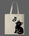 Cute Cat & Butterfly Printed Tote Bag – Minimalist Animal Design Printed Tote Bag | Black, White. 