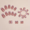 24Pcs Pink  White Stripes Beautiful New Fake Nails with Glue DIY Art Design False Nails Wearable Nails Stylish Pattern Artificial Nails. 