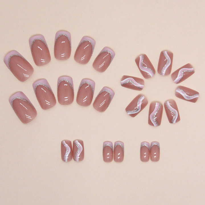 24Pcs%20Pink%20%20White%20Stripes%20Beautiful%20New%20Fake%20Nails%20with%20Glue%20DIY%20Art%20Design%20False%20Nails%20Wearable%20Nails%20Stylish%20Pattern%20Artificial%20Nails%20-%20Image%203