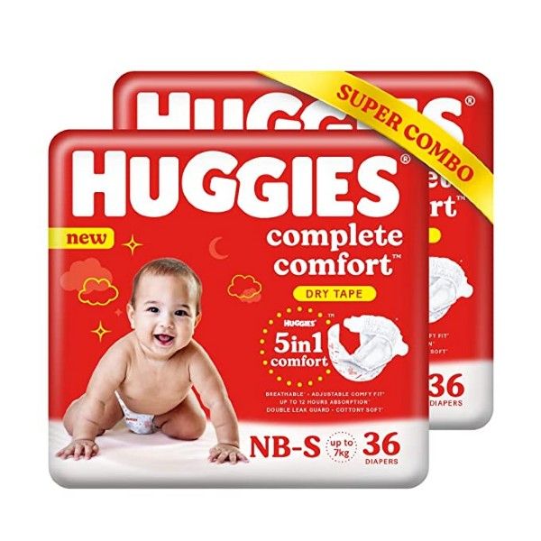 Huggies Complete Comfort Dry Tape Newborn - Small (NB-S) Size Baby Tape Diapers, Combo Pack of 2, 36 count per pack, 72 count, with 5 in 1 Comfort