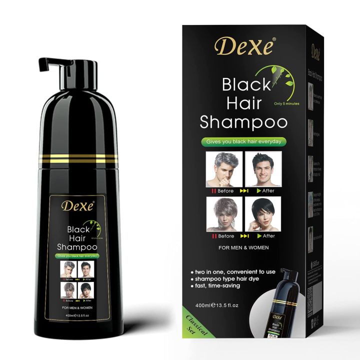 Dexe Permanent Black Hair Dye Shampoo For Men & Women, Mild Plant Formula, 100% Gray Coverage Pump Pack 400ml