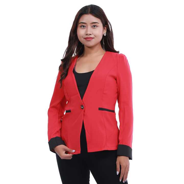 Red Cotton Stretchable Full Sleeve Button Design Blazer For Women