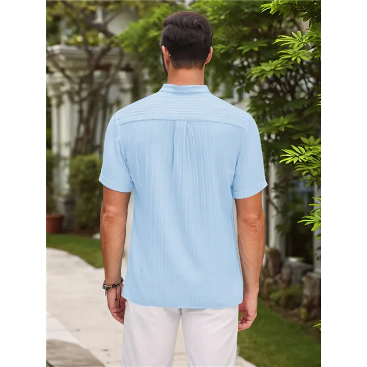 Men%20Casual%20Henley%20Tee%20Shirt%20Short%20Sleeve%20Band%20Collar%20Summer%20Beach%20Textured%20T-Shirt%20-%20Image%206
