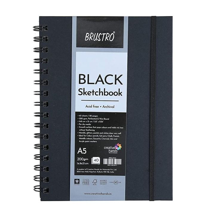Brustro Black Sketchbook, Wiro Bound, Size A5, 200GSM (40 Sheets) 80 Pages