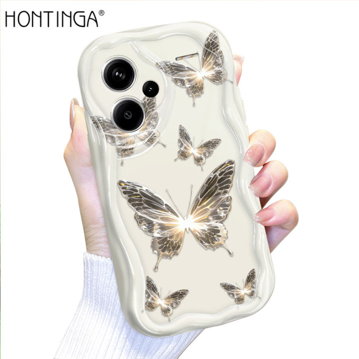 Hontinga for Redmi Note 13 Pro Plus 5G Back Cover Beautiful Butterfly Cream Texture Phone Case Wavy Edge Soft Silicone Cover