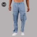 Wraon Light Blue Solid Premium Denim Cargo Jeans Pant For Men - Fashion | Pants For Men | Men's Wear | Cargo Pants |. 