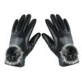 Women'S Touchscreen Leather Winter Gloves With Faux Fur Pom-Pom. 