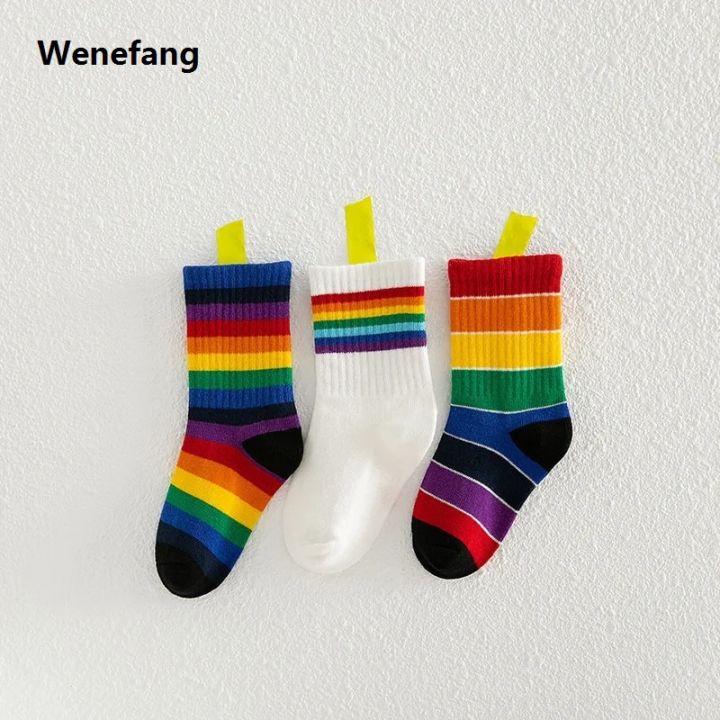 Wenefang%203%20Pairs/Pack%20Autumn%20Winter%20New%20Children's%20Socks%20Boys%20And%20Girls%20Rainbow%20Hot%20Selling%20Striped%20In%20Tube%20Tide%20Socks%20Baby%20Kids%20Cotton%20Sport%20Socks%20-%20Image%208