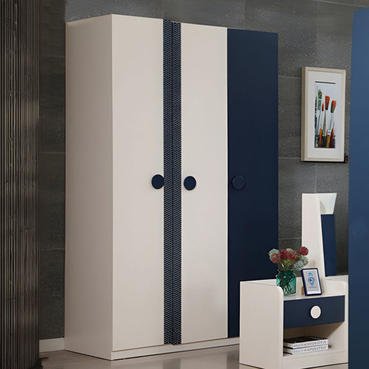 Quanu Q&U Furniture - {L= 4Feet * B= 1.11Feet * H= 6.9Feet} Blue Color Multiple Partitions For Storage 3 Door Cabinet - 6701H