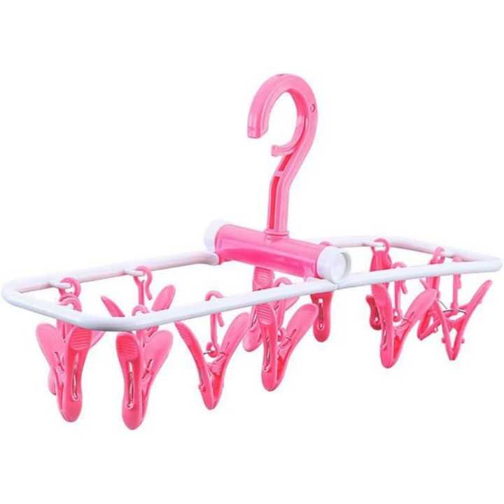 Folding Portable Laundry Hanger with 12 Clips Drying Rack for Socks&Lingerie Plastic Clothes Pins