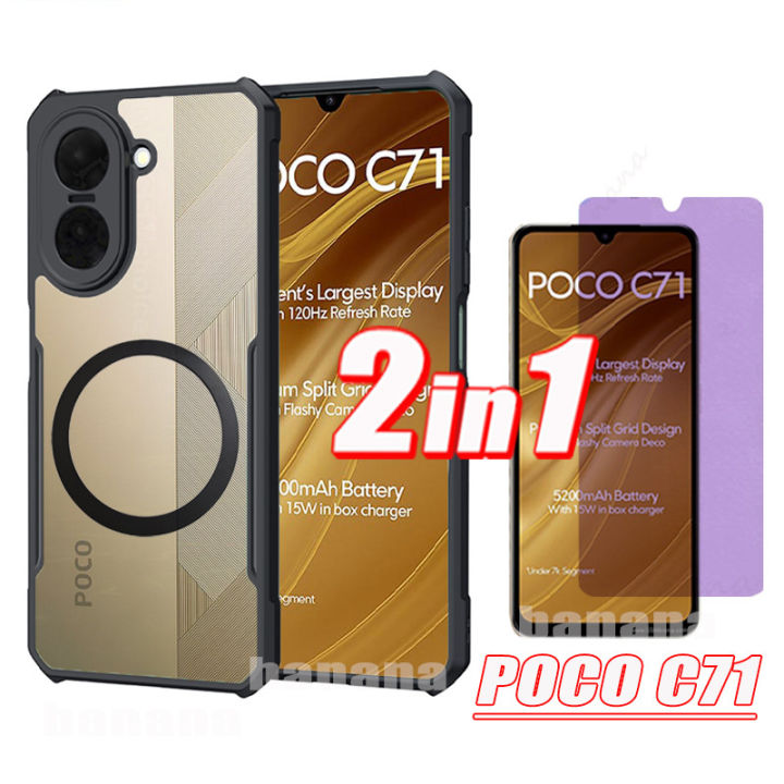 Poco C71 Magnetic Sticker Shockproof Clear Phone Case for Poco C61 C65 C75 Anti Blue Light Ray Tempered Glass