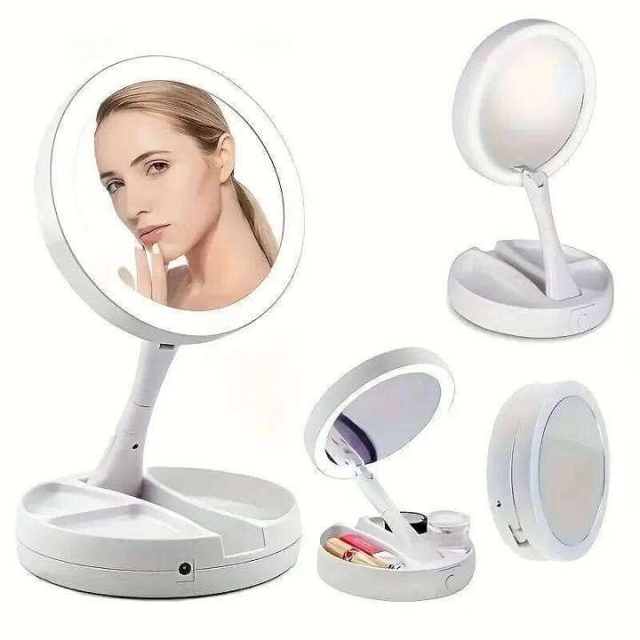 Dual Magnification Vanity Mirror - 1X & 10X with White LED Lights, Foldable Compact Design for Professional Makeup Application