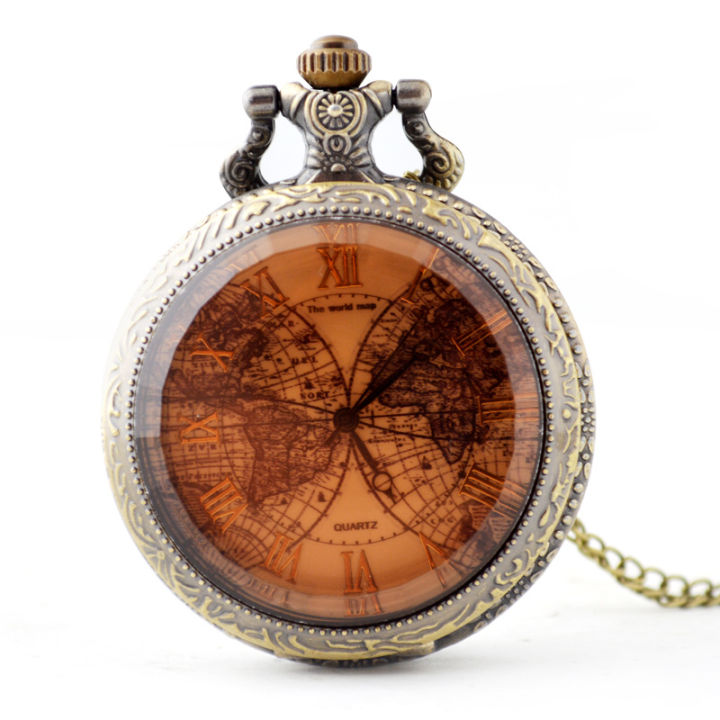 Boshiya watch accessories wholesale brown glass double globe pocket watch unisex casual quartz vintage pocket watch