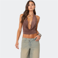 Women'S Halter Tops Deep V Neck Sleeveless Halter Lace-Up Outing Tops Y2K Summer Street Style Brown L. 