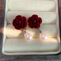 red Vintage earrings Delicate Fashionable design earrings Water drop shape Elegant Rose flower earrings for Party Wedding Casual wear Gift for women Fashion accessory. 