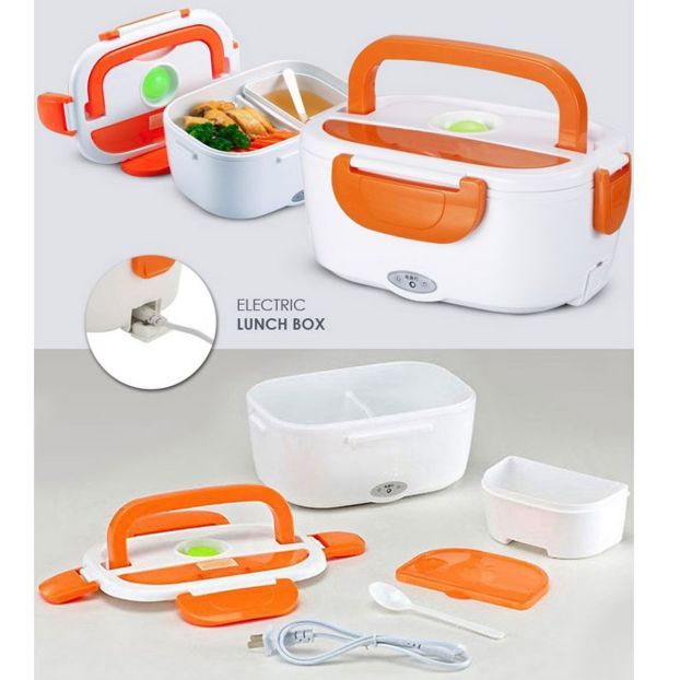 Electric Heated Lunch Box ( 2 in 1 ) Food Warmer with Spoon & Power Cable (Blue/White)