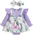 Newborn Baby Girls Summer Clothes Sets Ruffle Sleeve Top T-Shirt Floral Suspender Shorts Headband. 