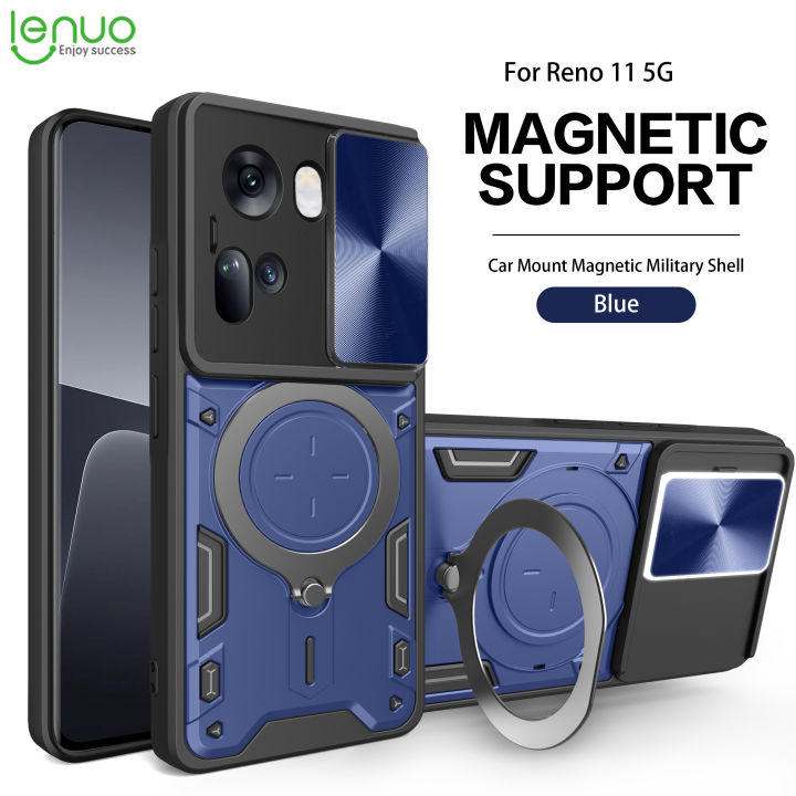 Lenuo Shockproof Armor Case For OPPO Reno 11 5G Phone Case Car Magnetic Ring Stand Holder Push Pull Camera Lens Protection Hard Back Cover