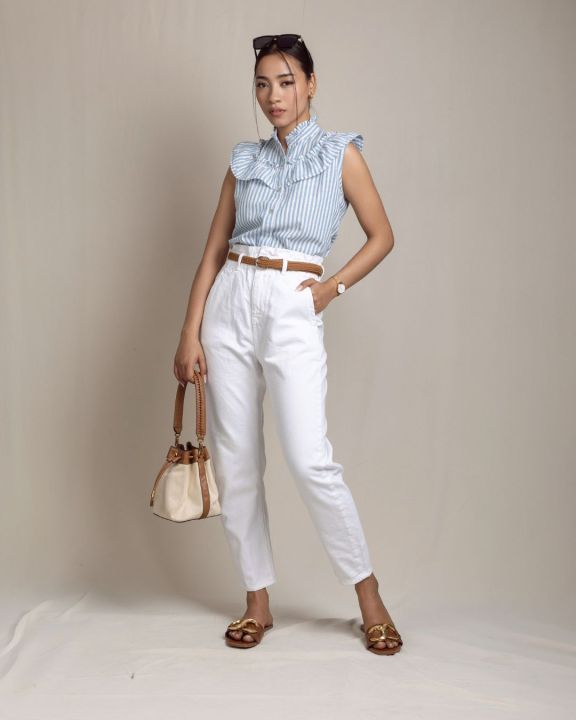 Kibu Clothing Ellie Ruffle Shirt in Blue Stripe for Women