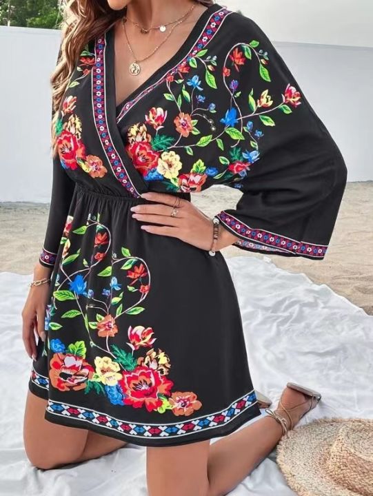 Multicolor%20V-Neck%20Floral%20Printed%20Summer%20Dress%20For%20Women%20-%20Image%203