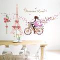 Artsy Home Fairy Flower Girl Romantic Paris Eiffel Tower Wall Stickers 145cm(W) x 90cm(H). 