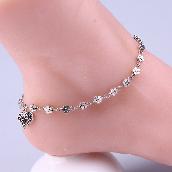 【Hot-Selling】 women heart flower sandals beach anklet tassel foot chain jewelry bracelet on leg bracelet ankle jewelry