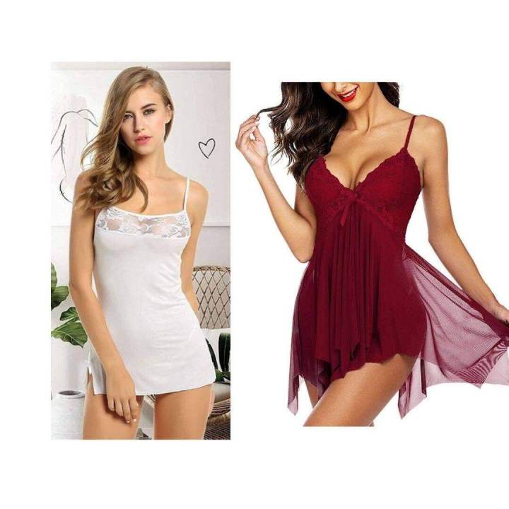 Combo Set of Babydoll Lingerie with G string panty Free size White and Maroon Color