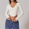 Cross-border European and American T-shirts, female hotties, long-sleeved short skinny tops, sexy waistless milk silk base shirts, high-end sense. 