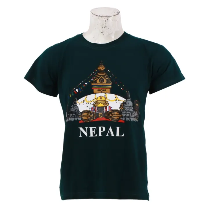 Green Cotton Round Neck Half Sleeve Buddha Stupa Printed T-Shirt For Men