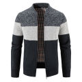 Men's sweater coat winter fleece-lined thick warm striped baseball collar sweater cardigan long sleeve outerwear sweater. 