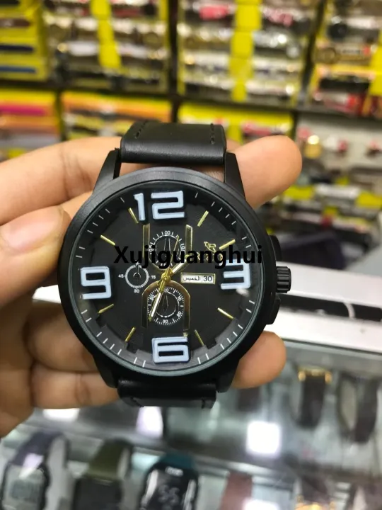 Xujiguanghui%20RIZEN%20Men's%20Chronograph%20Wristwatch%20%E2%80%93%20Black%20Dial%20with%20White%20Numerals,%20Gold%20Hot%20Selling%20Accents,%20Black%20Leather%20Strap,%20Date%20Display%20(Arabic),%20and%20Black%20Case%20Bezel%20-%20Image%203