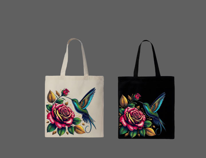Rose Floral Graphic Printed Tote Bag– Eco-Friendly Cotton Shoulder Shopping Bag-White, Black