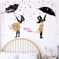 Silhouette Girl In Floral Dress Holding Umbrella Wall Sticker. 