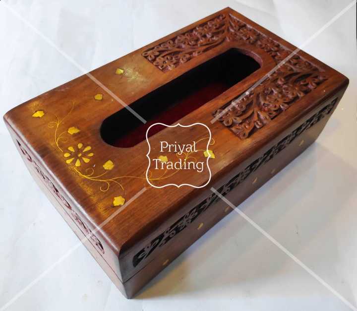 Wooden Tissue Box Napkin Holder Cover with Brass Inlay and Velvet