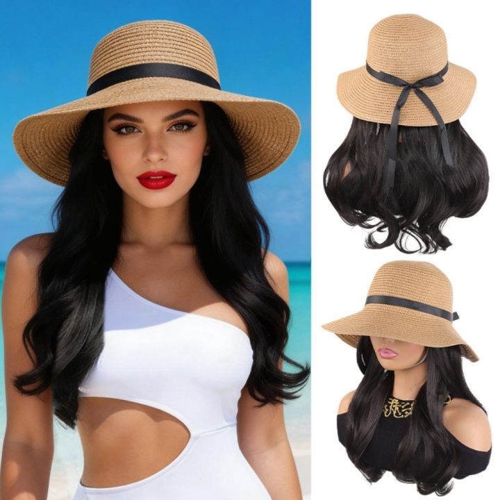 Casual Sun Protection Summer Straw Sun Hat Wig Breathable Foldable Fisherman Hat with Built-in Wig Wide Brim Hairpiece Long Wavy Curly Hair Vacation Accessory