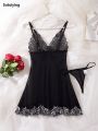 Sutuiying Sales promotion Contrast Lace Ruffle Trim Lingerie Sets Deep V Slip Babydoll Dress Thong Women's Lingerie Underwear. 