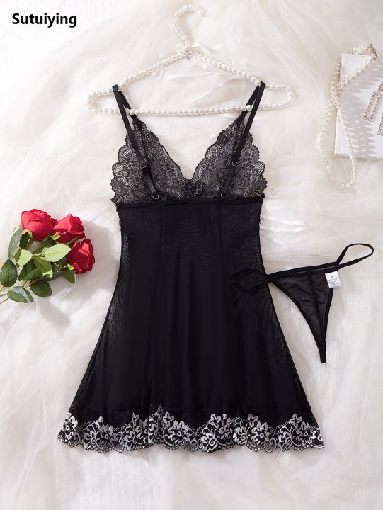 Sutuiying%20Sales%20promotion%20Contrast%20Lace%20Ruffle%20Trim%20Lingerie%20Sets%20Deep%20V%20Slip%20Babydoll%20Dress%20Thong%20Women's%20Lingerie%20Underwear%20-%20Image%202