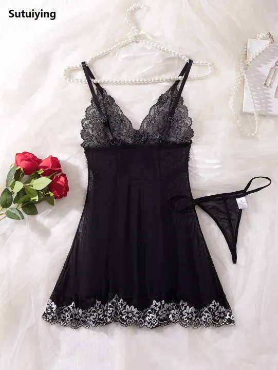 Sutuiying%20Sales%20promotion%20Contrast%20Lace%20Ruffle%20Trim%20Lingerie%20Sets%20Deep%20V%20Slip%20Babydoll%20Dress%20Thong%20Women's%20Lingerie%20Underwear%20-%20Image%202
