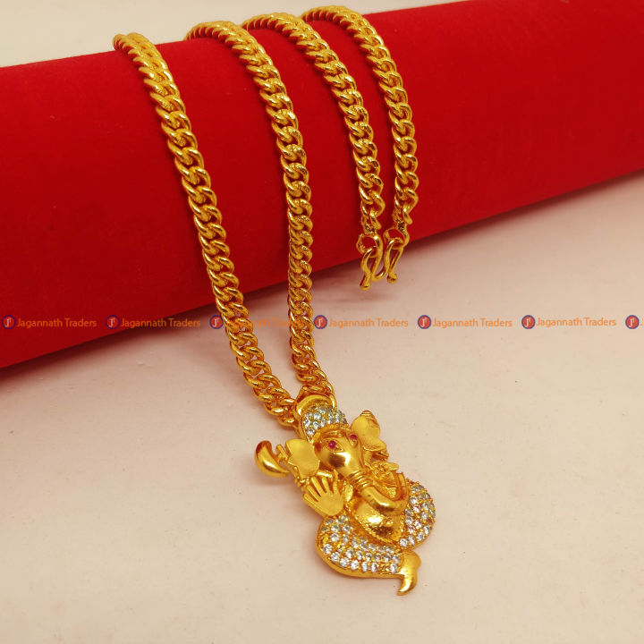 Golden Ganesh Locket With Chain - Original Gold Plated Locket With Stones Embellished & Chain For All - Attractive & Stylish Design