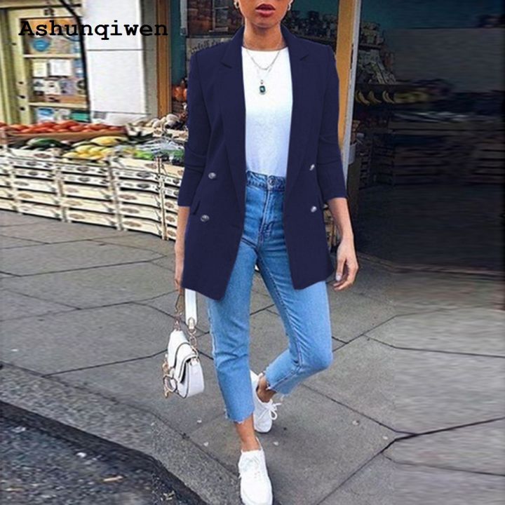 Ashunqiwen%202025%20New%20Women%20Casual%20Fashion%20Button%20Plus%20Size%20Long%20Blazer%20Jacket%20Coat%20-%20Image%202